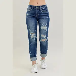 Judy Blue Full Size Mid Rise Cuffed Destroy Bf Jeans Plus Size