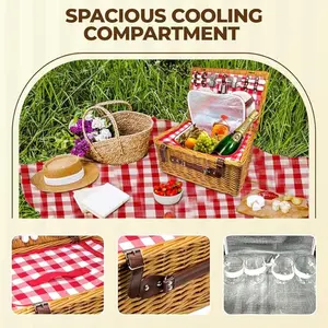 Wicker Picnic Basket Set for 4 with Service Kit, Insulated Woven Basket for Outdoors, Includes Dinnerware & Wine Glasses