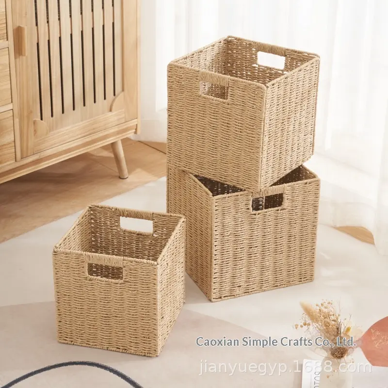 2026 Collapsible Rattan Storage Basket Square Foldable Laundry Hamper Toy Snack Organizer Open Storage Bins