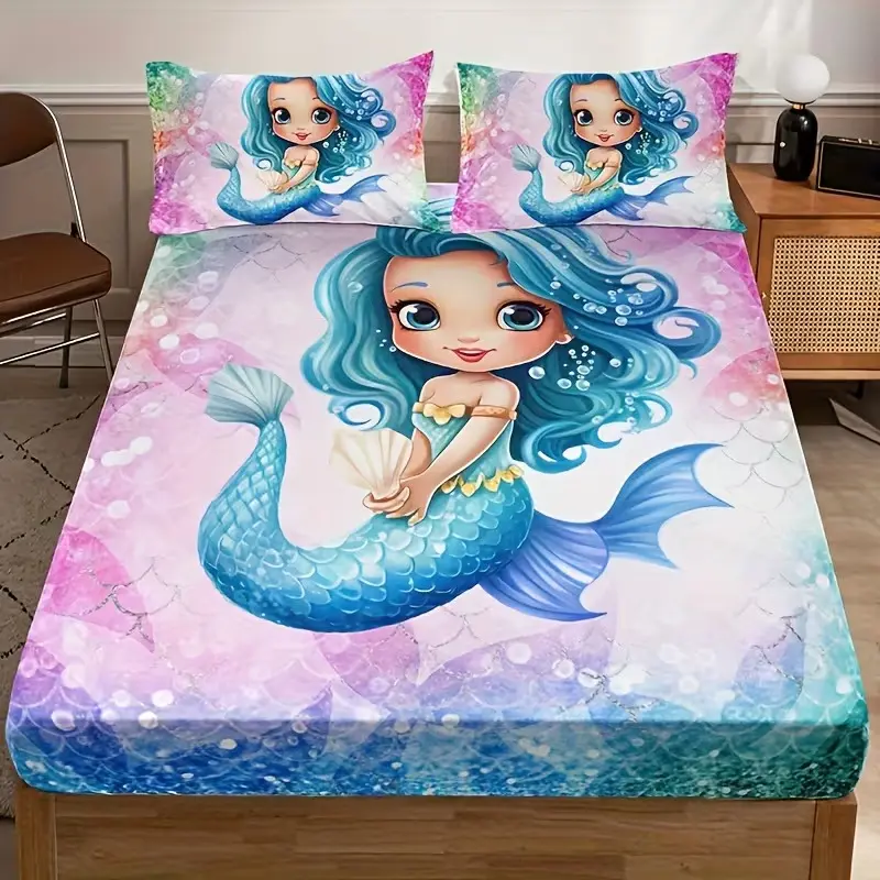 3pcs Mermaid Pattern Decorative Bedding Set, High-Definition Digital Print Bedsheet Set (1 Fitted Sheet & 2 Pillowcases), 100% Polyester