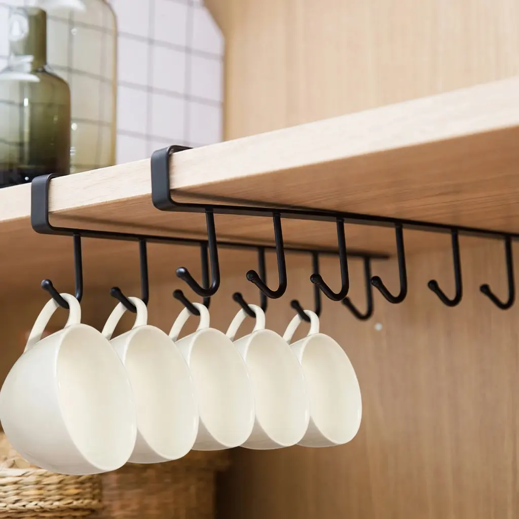 VIREFIRA Black 2-Piece Hangable Under Shelf Mug Hanger Rack Set - 6-Hook Snap-In Adjustable Under Cabinet Storage Organizer, Space-Saving Cup Holder for Kitchen Pantry