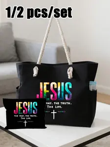 Rainbow Gradient Jesus Faith Theme Tote Bag Set, Durable Canvas Large Capacity Side Pocket, Cotton Rope Shoulder Strap, Church Gathering Gift