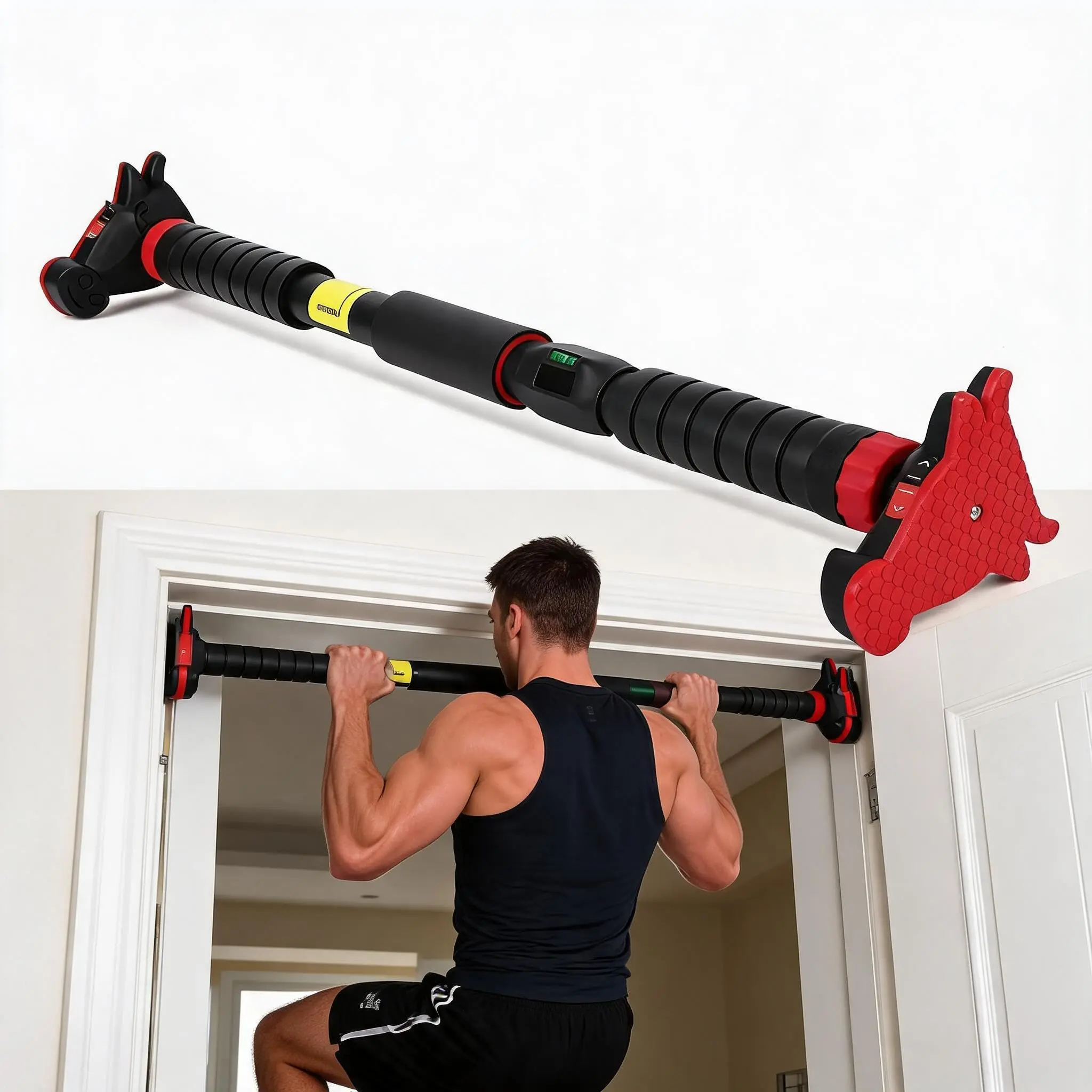 Adjustable Doorway Pull-Up Bar for Home Gym – No Screws Needed – Supports up to 440 lbs – Built-in Level Meter for Upper Body Strength and Chin-Up Workouts