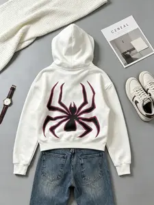 Y2K Spider Zip-Up Hoodie | Oversized Streetwear Sweatshirt with Back Spider Logo, Perfect for Edgy Casual Outfits，Gothic Spider Print Hoodie - Full-Zip with Masked Eyes, Loose Fit Streetwear Sweatshirt for Men & Women