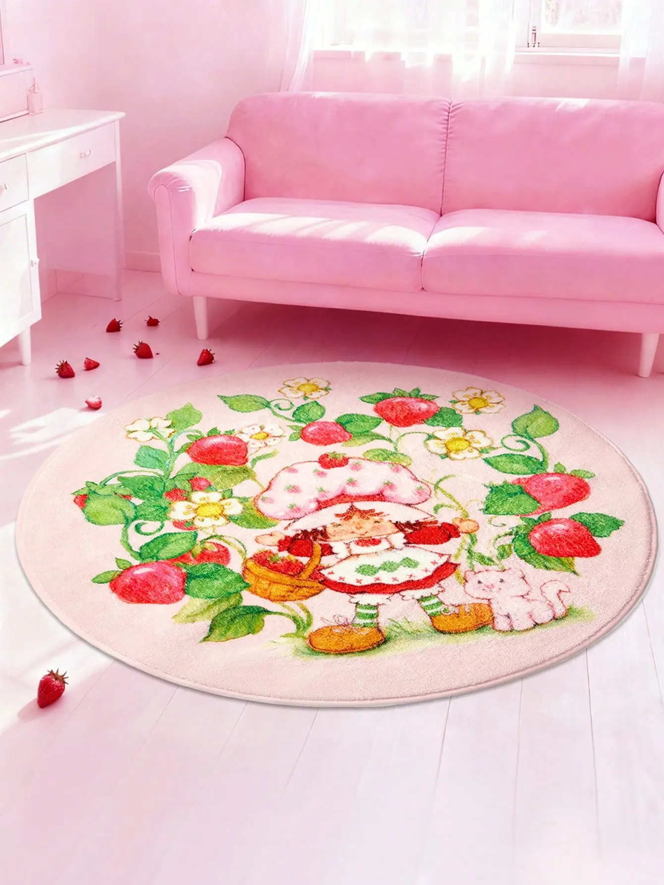 Strawberry Shortcake Cartoon Fruit Non-Slip Plush Carpet - 1-Piece, Multi-Size (60/80/100/120 cm), Playful Look, Plush Fabric, Thick Design, Strawberry & Cartoon Figure Print, Suitable for Coffee Table, Bedroom, Gift Idea, One-Piece