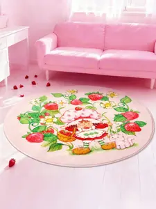 Strawberry Shortcake 1 Pc Strawberry & Cartoon Figure Graphic Thick Non-Slip Soft Plush Carpet, Cute Print, Round Shape Carpet Suitable For Placing On Coffee Table, Bedroom Etc, Available In 60/80/100/120 Cm Sizes,Gift Ideas
