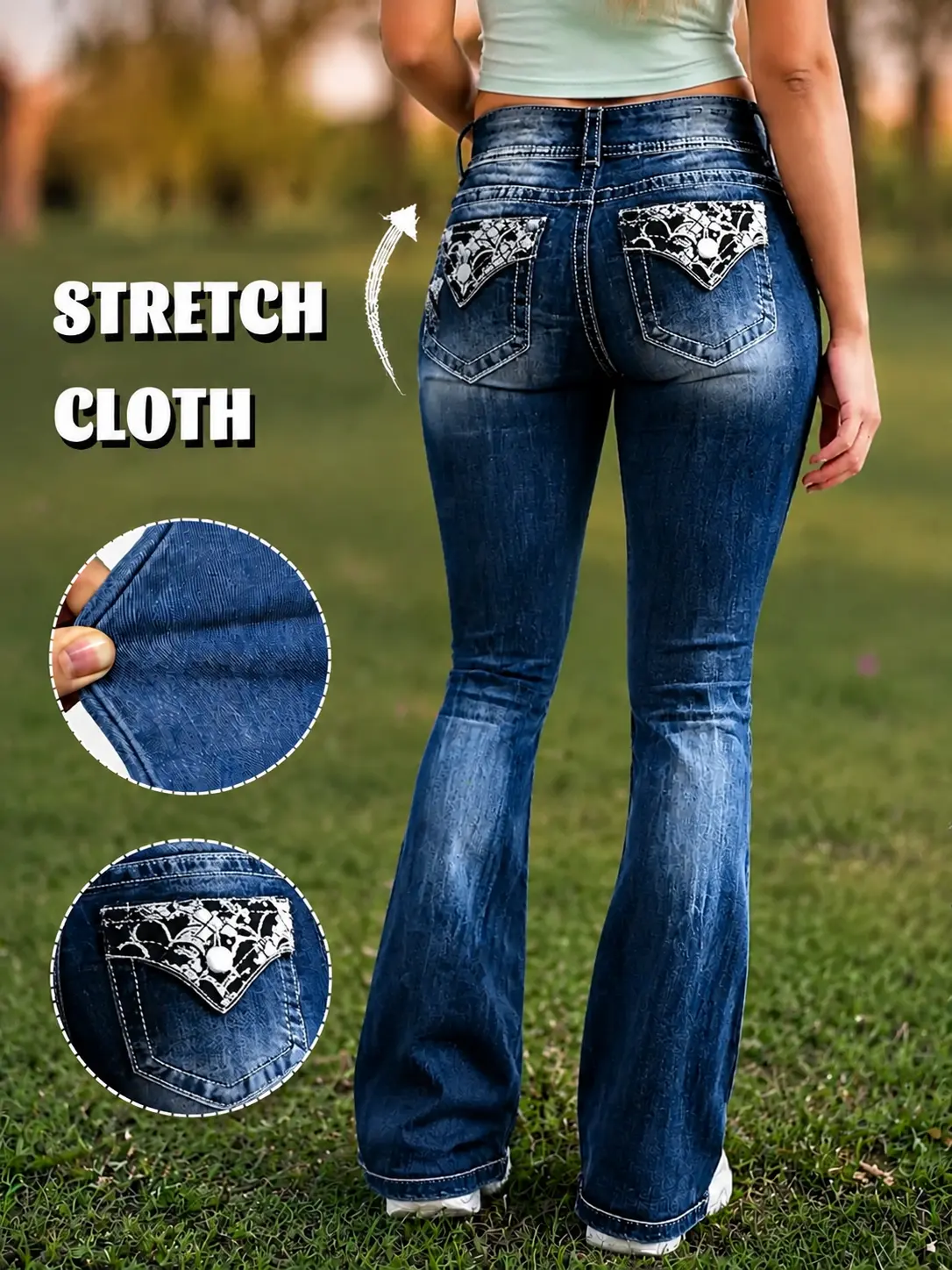 Western‑Style Lace Decor Back Pocket Flare Jeans Women Contrast White Stitching Vintage Bootcut Denim