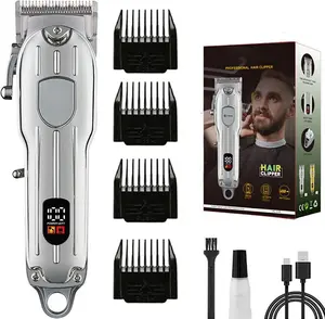 Powerful Hair Clippers: Professional Cordless Trimmer for Men — Electric Haircutting & Grooming Kit with 4 Guide Combs and Digital Display (Silver)