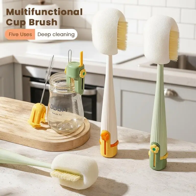 5-in-1 Multifunctional Bottle Scrubber Set Pack - BUY 1 GET 1 FREE, Straw Brush Included, Cleaning Tools for Home/Kitchen Bottles, Cups, Straws (Cream White/Jasmine Green)