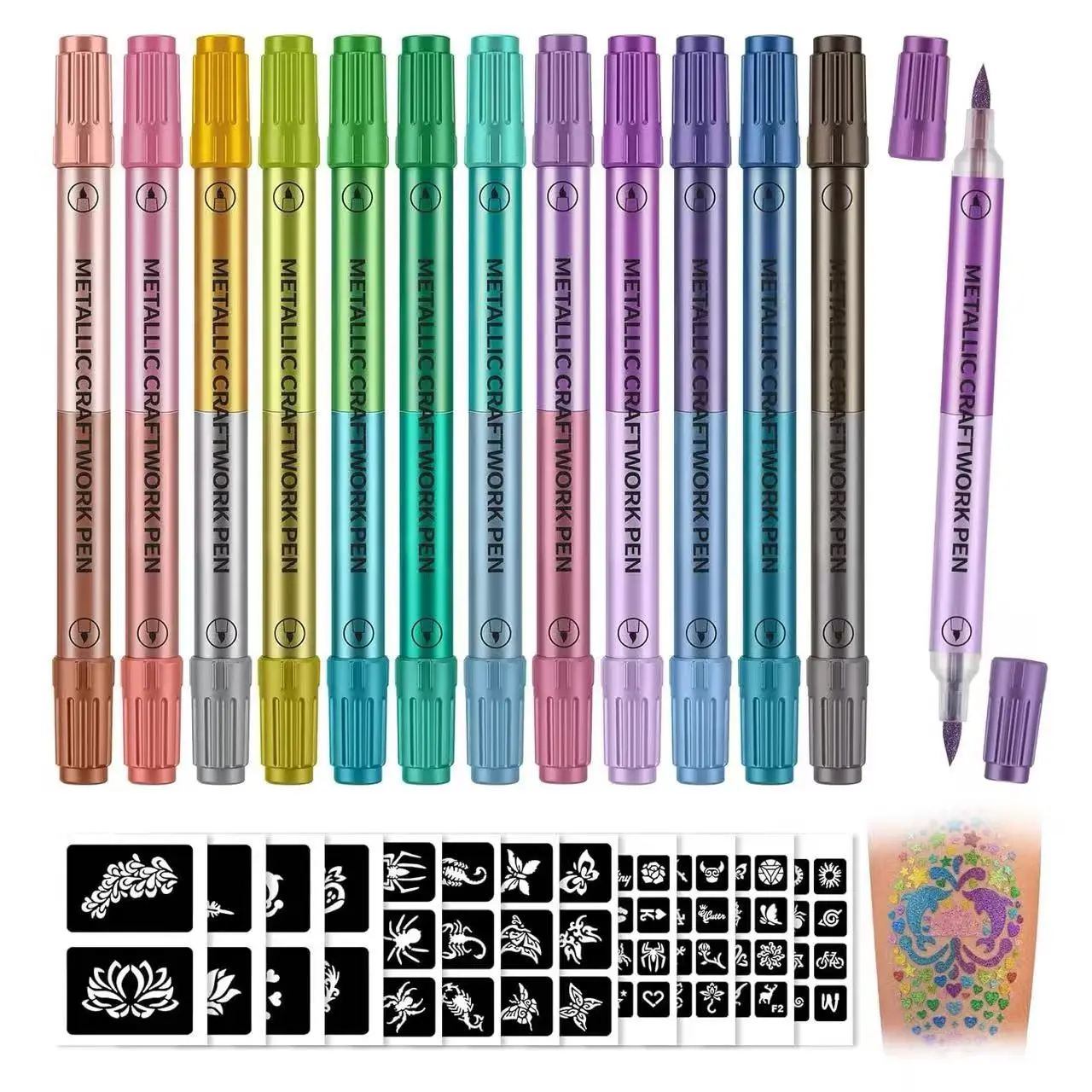 Temporary Tattoo Markers Set - 24 Assorted Pigment Brush-Based Markers & Daubers (12 Dual-Tip, 2-Color Per Pen), 95 Stencils, Skin-Safe Cosmetic-Grade for Body Art, Flowers, Cosplay, Animals (Adults)