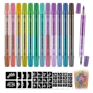 Temporary Tattoo Markers for Skin, 12 Dual-Tip 24-Color (Two Colors Per Pen) Body Markers with 95 Tattoo Stencils, Flexible Brush Tip, Skin-Safe, Cosmetic-Grade for Kids & Adults