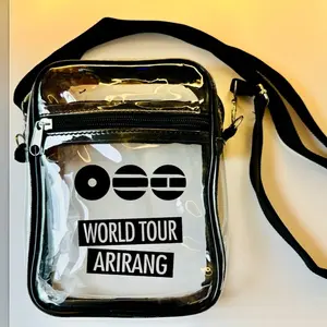 Arirang World Tour Transparent Clear Crossbody Bag with Black Logo and Black Adjustable Strap for KPop fans Concert Stadium Approved