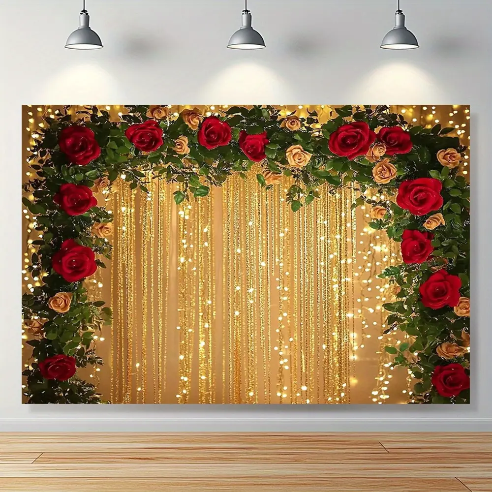 1pc Elegant Red Flower Wedding Backdrop Banner, Golden Ribbon Polyester Party Decoration Supplies, No Electricity Needed, All-Season Indoor-Outdoor Use, Ideal for Romantic Events,summerwins
