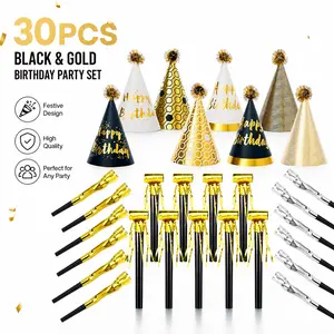 30 Pcs Gold Birthday Party Hats Set – 8 Cone Paper Hats + 22 Noise Makers, Perfect for Kids & Adults, Festive Supplies for Birthday, New Year, Celebration