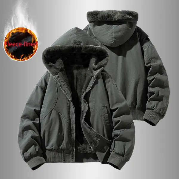 Winter Fleece Lined Hooded Work Jacket Military Style Plush Insulated Coat
