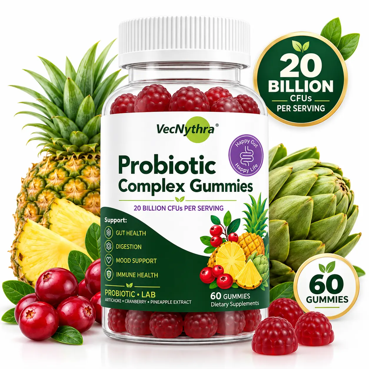 VecNythra Probiotic Gummies for Gut Health & Digestion - 20B CFU, 8-Strain Probiotic Blend with Cranberry, Pineapple & Vitamin C | Immune Support | 60 Count