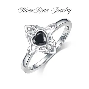 S925 Mother's Day Stylish Black Heart Ring with Celtic Knot and 5A CZ Design, Vintage and Elegant Ring Jewelry for Women, Witches or Gothgirls Ring, Gothic Y2k Witch Style Perfect for Daily Wear and Party, Valentine's Day Birthday Gift