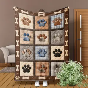 Dog Footprint Digital Print Flannel Blanket, 2D Patchwork Design, Perfect Gift for Dog Lovers, Soft and Cozy Pet Bedding