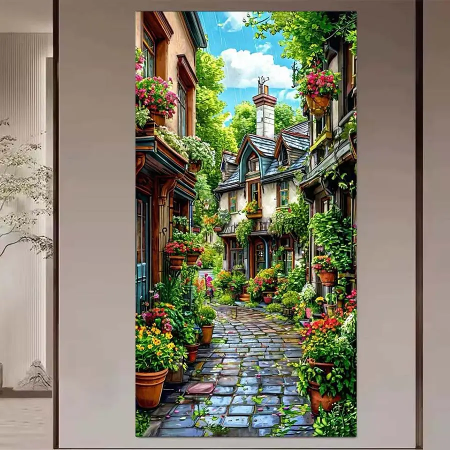 1 DIY diamond painting kit, 5D diamond art set, DIY decoration, European-style alley, blooming plants, architectural rooftops, full round diamond, mosaic, diamond art, DIY art home decor, Handicraft, suitable for Christmas, Handcraft