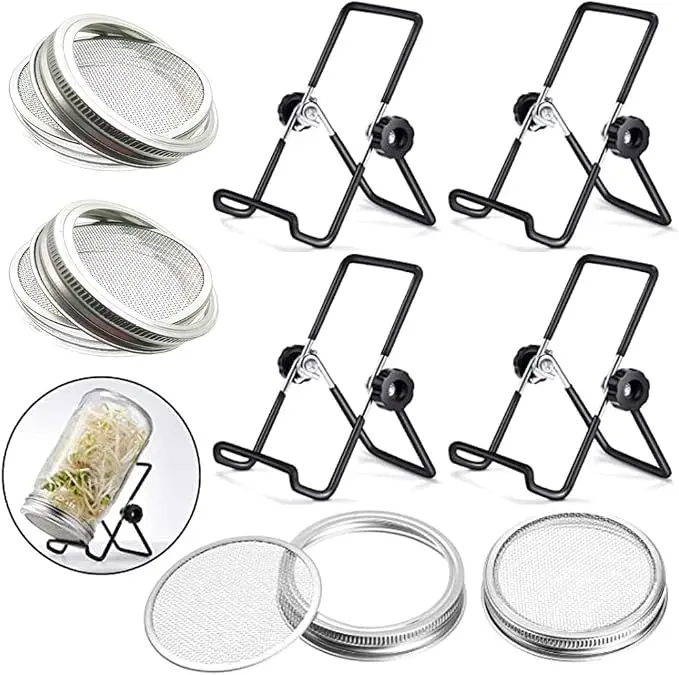 4PCS 304 Stainless Steel Sprouting Kit with Wide Mouth Mason Jar Stands & Lids, Ideal for Growing Broccoli & Alfalfa Sprouts, Glass Pickle Produce Storage Containers