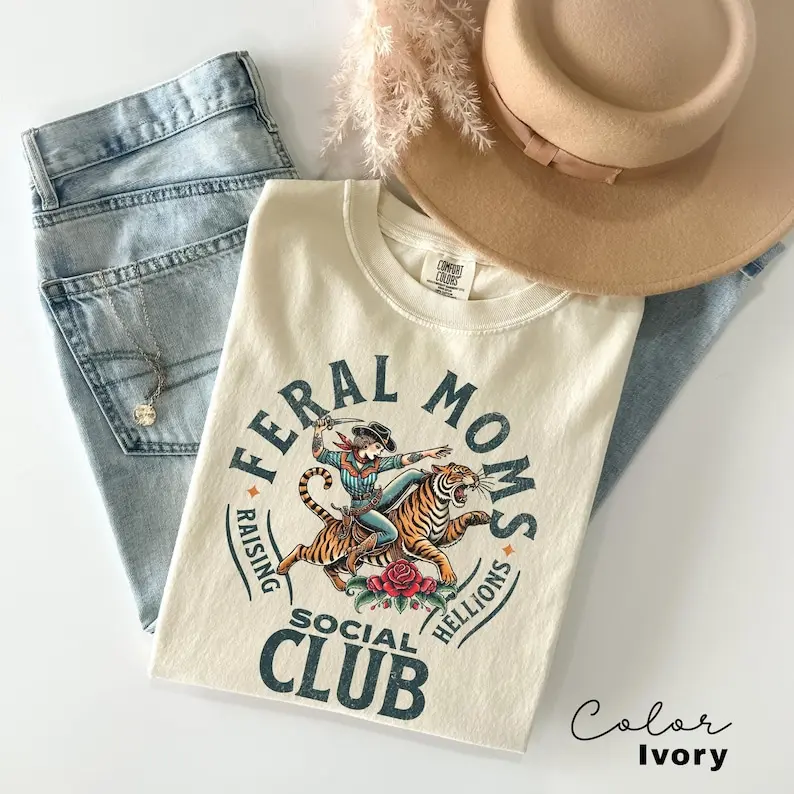 Comfort Colors Feral Moms Social Club Shirt, Comfort Colors Vintage Graphic Tee, Feral Mom Gift, Somebody's Feral Wife, Mom Life Tshirt, Trendy Mom Apparel