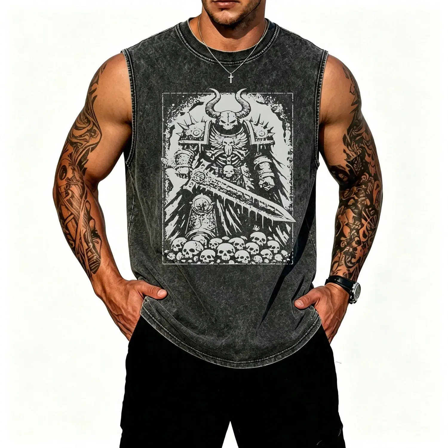 Menswear Distressed Acid Wash Muscle Tee - Heavy Metal Demon Graphic, Sleeveless Tank Top, Casual Summer Vest for Gym, Festival