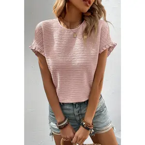 Light Pink Solid Textured Ruffled Short Sleeve Blouse