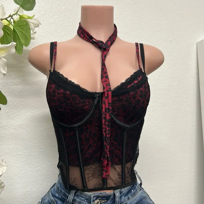 Cheetah Print Crop Top combined with Black Lace Corset Along with Cheetah Print Cord Accessory