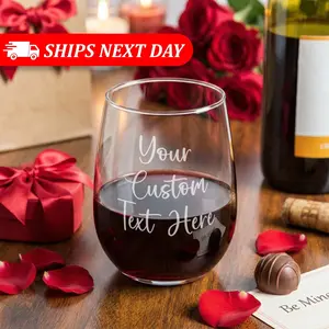 Custom Engraved Stemless Wine Glass - Personalized 3-Line Wedding & Bridesmaid Proposal Gift - 17oz Permanent Etched Glassware