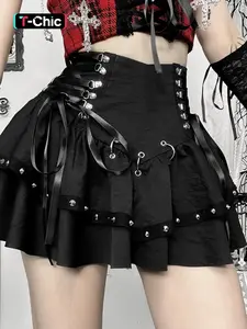 Women's Gothic Style Lace Up Grommet Eyelet Skirt, Fashionable High Waist Fitted Mini Skirt for Party Holiday Vacation, Ladies Bottoms for All Seasons Womenswear