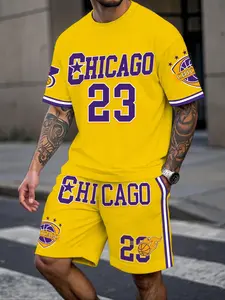Men's Regular Fit Chicago Print Vintage Basketball Jersey Short Sleeve T-Shirt & Shorts Two-Piece Set, Casual Round Neck Tee & Shorts, Men's Two-piece Outfits for Spring & Fall