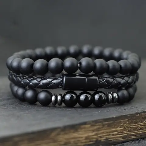 Men's Vintage Beaded & Leather Braided Bracelet, Fashionable Bracelet for Men, Casual Trendy Accessories for Party, Daily Decor, Bracelets Stacking