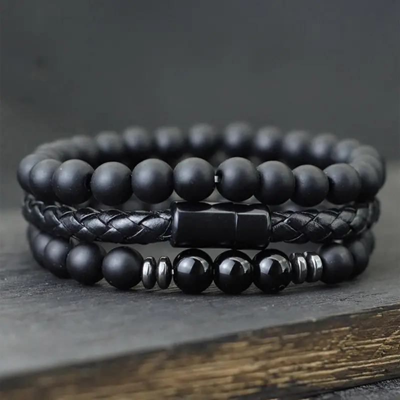 Men's Vintage Beaded & Leather Braided Bracelet, Fashionable Bracelet for Men, Casual Trendy Accessories for Party, Daily Decor, Bracelets Stacking