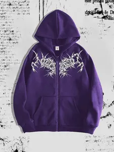 Men's Solid Color Zip Up Hoodie, Regular Fit Casual Long Sleeve Hooded Sweatshirt for Fall & Winter, Men's Clothes for Daily Wear, Gothic Printed Hoodie Tops, Graphic Hoodie, Zip Up Hoodies