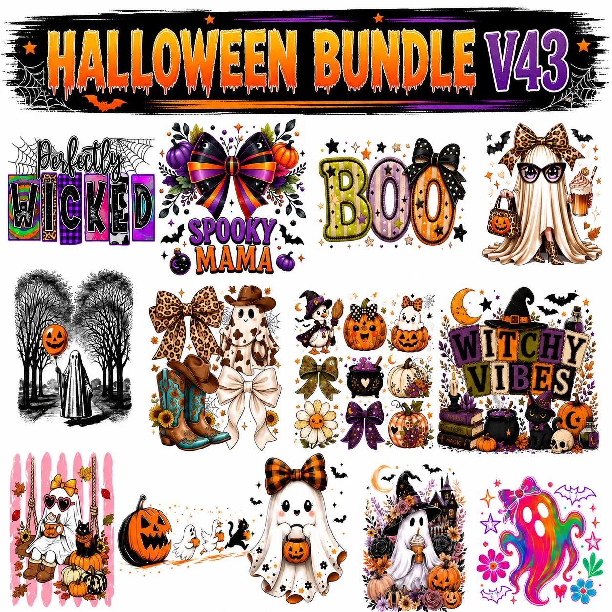Halloween Bundle V43 | 14 Halloween DTF & Sublimation Ready-to-Press Transfer Designs