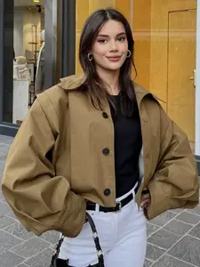 Oversized Pleated Outerwears Women's Jacket Spring 2026 Khaki Cropped Trench Jacket Elegant Long Sleeve Collared Button Up Lapel Collar Windbreaker Casual Weekend Gatherings Coat