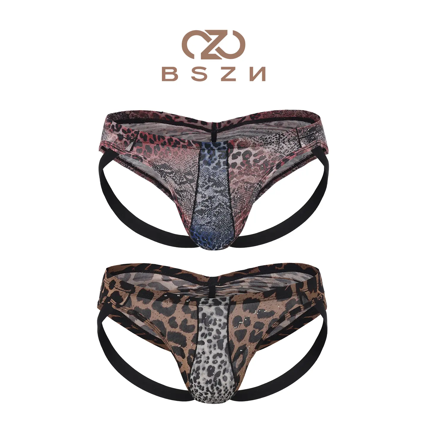 Half Beast Men’s Boxer Brief — Tamed Beast Design, Leopard Print, Double Fly, Triangle Cut, Sexy Animal Texture Panels, Sparkling Rhinestones, Breathable Mesh Fabric