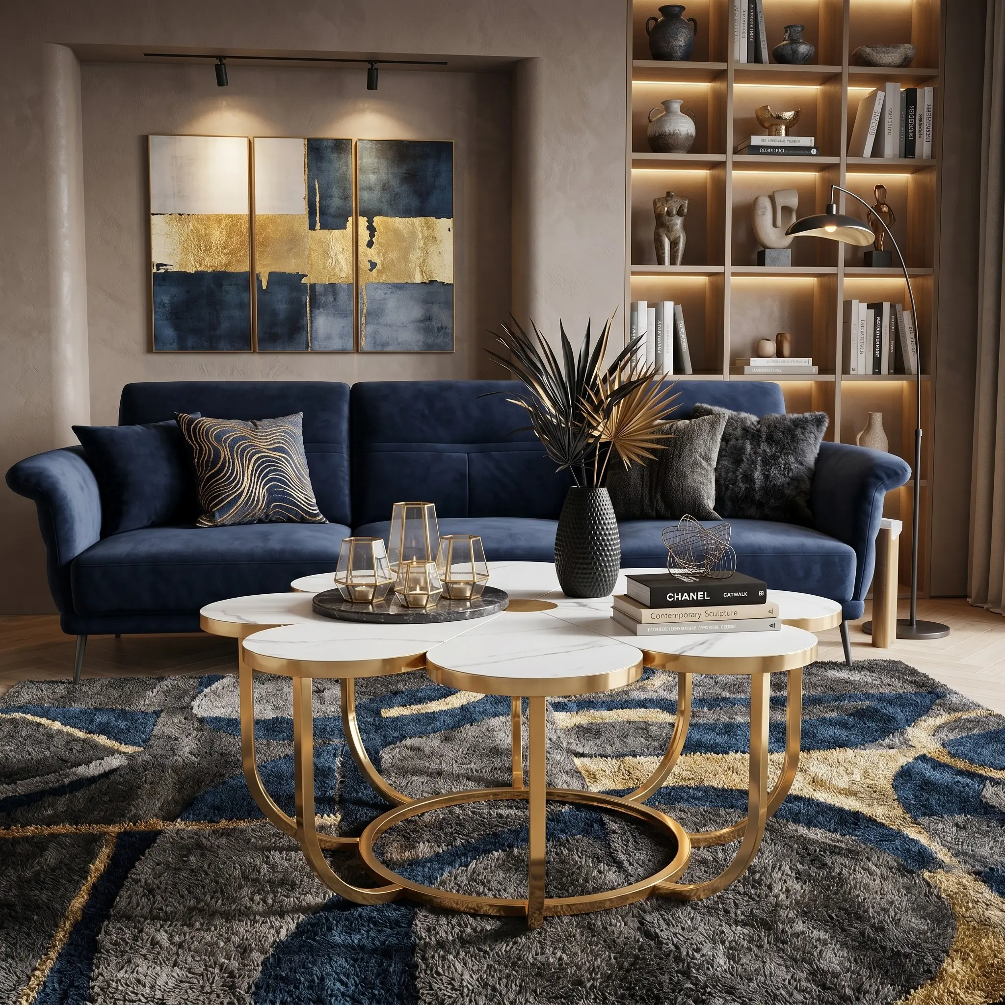 Modern White Gold Floral Coffee Table, 39.37 Inch Faux Marble Top Center Table with Flower Shape Metal Frame, Decorative Accent Table for Living Room, Bedroom & Lounge Space
