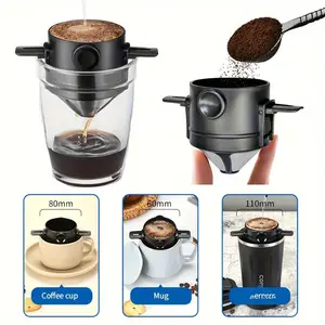Portable stainless steel reusable coffee filter with foldable drippers and ear hooks - an easy-to-pour design, including storage space for brewing rich and smooth coffee at home or on the go