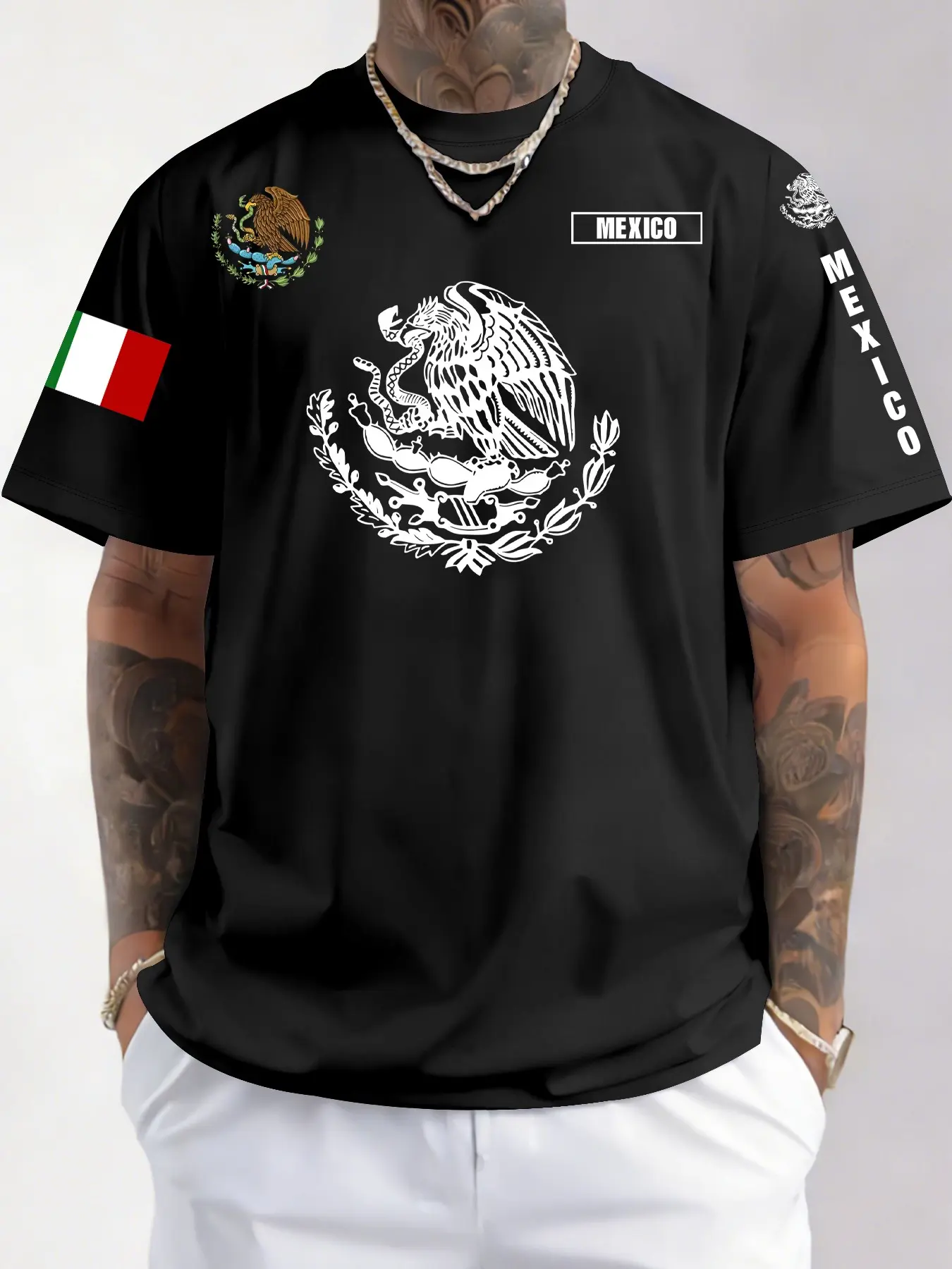Mexican Culture Theme Sporty T-Shirt, Patriotic Gift for Men, Athletic Style Shirt, Round Neck Short Sleeve Top, Streetwear & Casual Daily Wear, Athleisure Tee