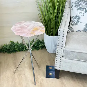 Natural Rose Quartz Side Table on Chrome Metal Base, 24.5" Tall #1341RQ-002