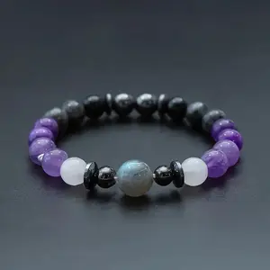 Spiritual Intuition & Protection Natural Stone Bracelet Amethyst Hematite & Moonstone for Energy Balance Inner Insight Unisex
