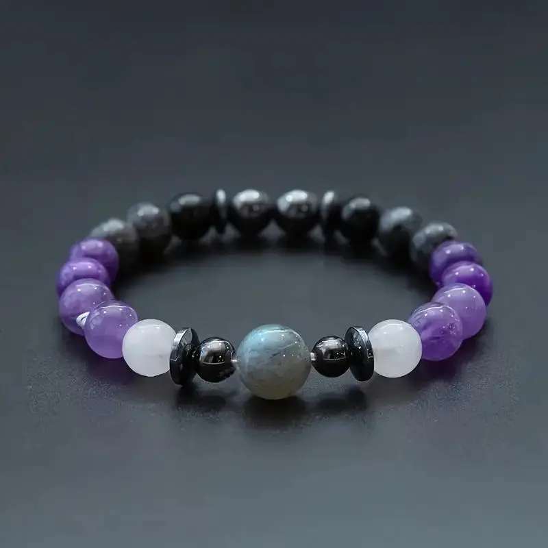 Unisex Natural Stone Beaded Bracelet with Amethyst, Hematite, Moonstone Beads - Spiritual Protection, Energy Balance, Inspirational Costume Jewelry Accessory, no, Promotes Energy Balance