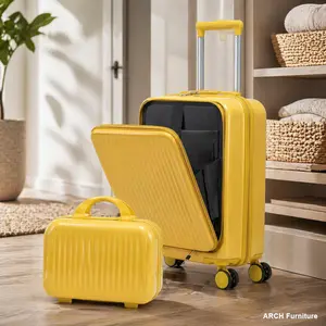 2-Piece Waterproof ABS Plastic Spinner Wheel Carry On Luggage Set - 14"/20" Sizes, Combination Lock, Front Opening Design, Includes 14" Yellow Cosmetic Case
