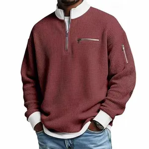 2026 European and American trendy new style waffle knit sweatshirt, fashionable and casual men's American-style long-sleeved zip-up hoodie.