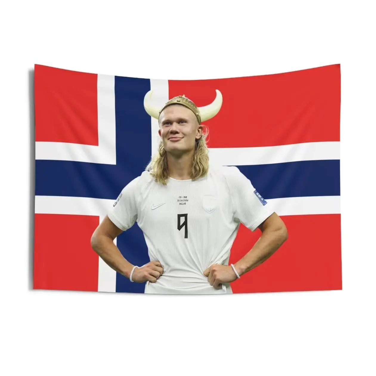 Erling Haaland wearing a "Viking" helmet Norway Flag Indoor Wall Tapestries