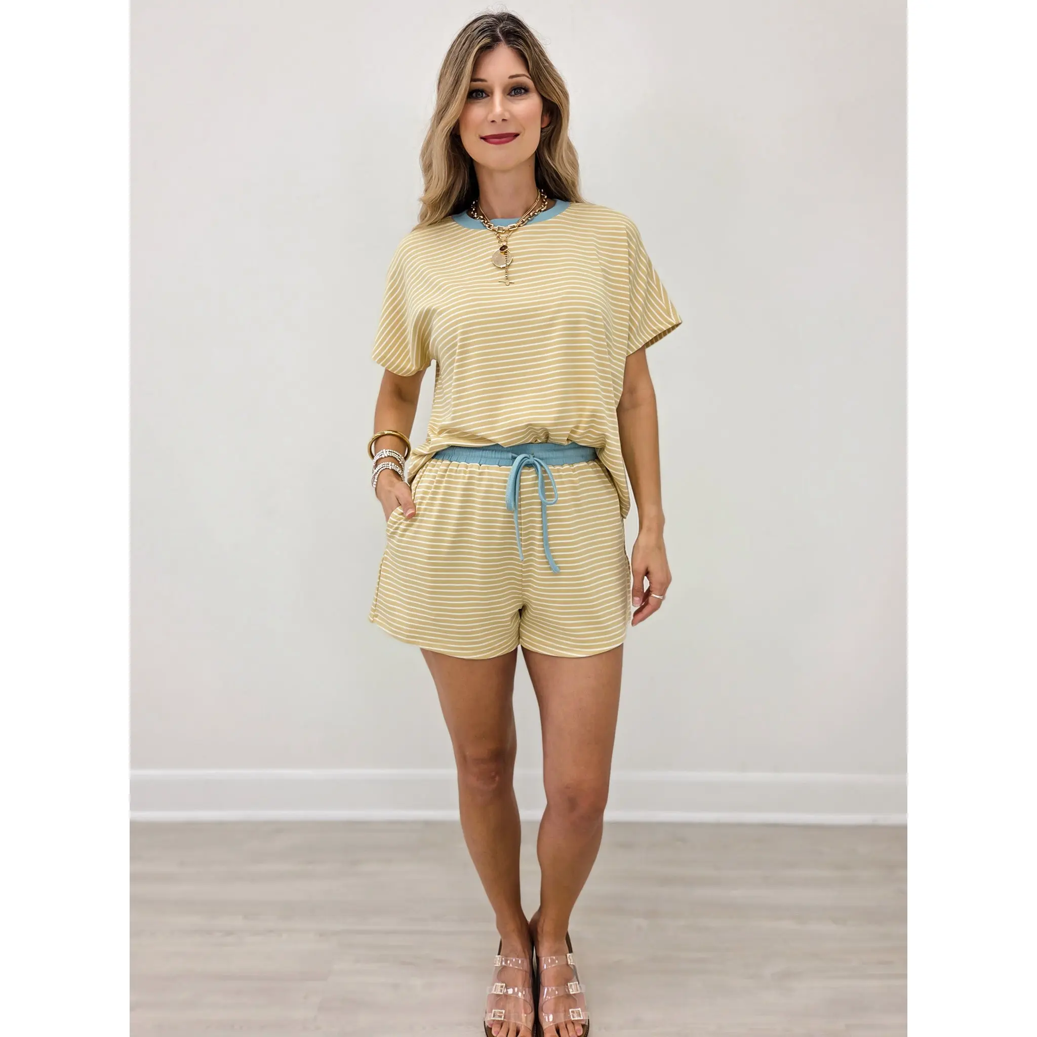 Loose Fit Striped Knit Top & Mini Shorts Set