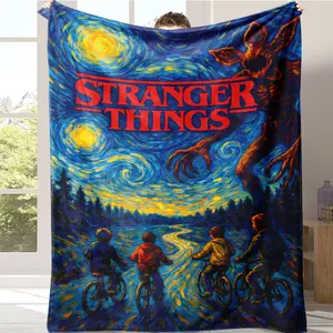 Countdown Sale!Stranger Things Van Gogh Starry Night Flannel Blanket – A Unique Christmas Gift for Series Enthusiasts, Showcasing Demogorgon & Biking Kids in Artistic Style, Ideal for Gifting to Bring Nostalgic Sci-Fi Coziness This Holiday american blank