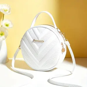 Women Fashion Round Crossbody Bag Casual Shoulder Handbag V Quilted Pattern Elegant Small Circle Purse Daily Essentials Detachable Strap