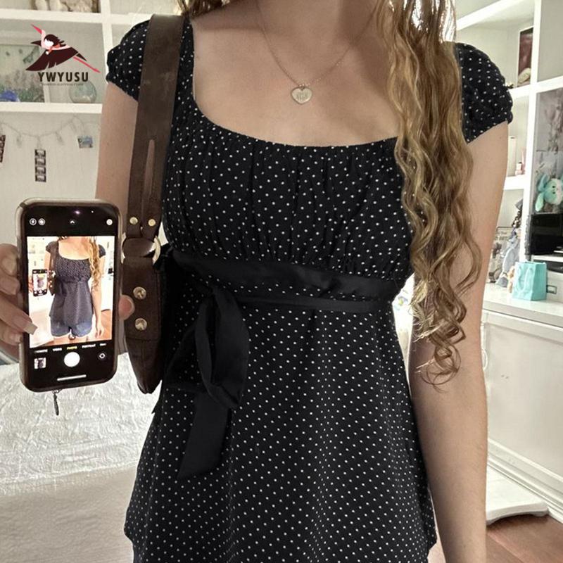 Women's Y2k Fairy Grunge Polka Dots Shirts Babydoll Lace Patchwork Bow Crop Tee Tops Aesthetic Coquette Clothes Women's Y2k Fairy Grunge Polka Dots Shirts Babydoll Lace Patchwork Bow Crop Tee Tops Aesthetic Coquette Clothes